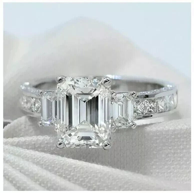 3Ct Engagement Ring Emerald Cut Simulated Diamond 14K White Gold Finish Rings-image