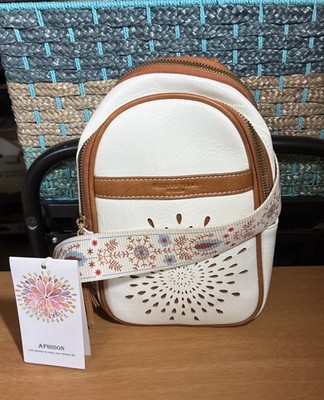 NWT Forever Young APHISON Stylish Cream & Brown Guitar Strap Crossbody Sling Bag