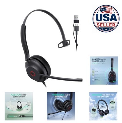 Wired USB Headset Single Ear AI Noise Canceling Mic 35mm HD Audio USB-C Adapter