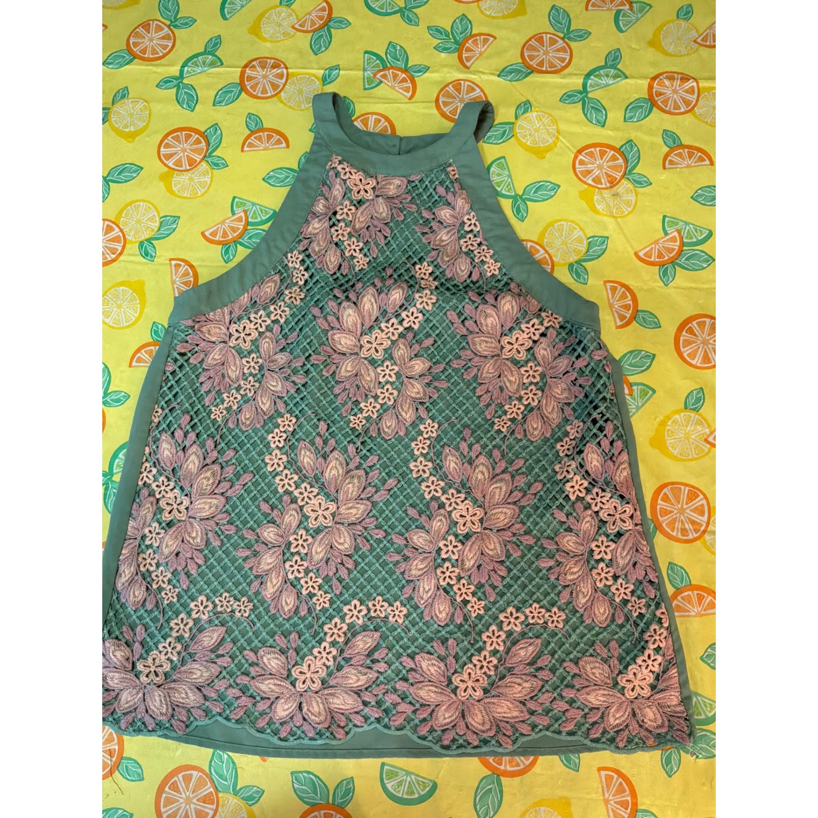 Entro Floral Lace Halter Top Womens Size Medium Sage Green Pink Blouse
