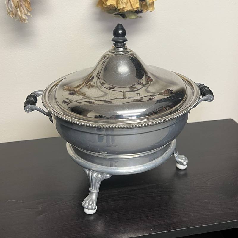 General Electric Chafing Dish Round Metal w/ Lid Stand Handles 1900s Vintage