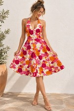 Vintage Y2K GUESS Jeans Floral Halter Dress M Fit Flare Pinup Rockabilly