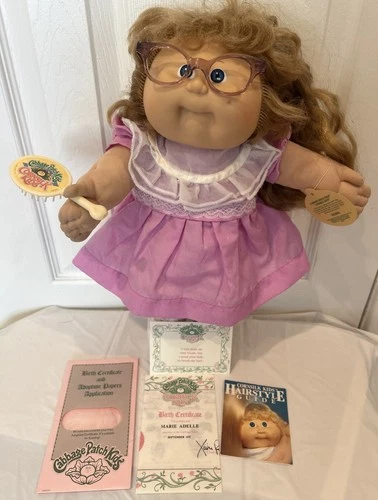 1986 Cabbage Patch Cornsilk Hair HM8 w/ CPK Tag Brush Glasses Adoption Dimple