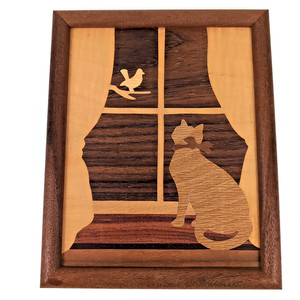 Vintage Inlay Wood Marquetry Folk Art Window Cat Bird Tree Primitive Farmhouse