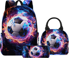 3PCS Boys Soccer Backpack, Bookbag for Kids Boys with Lunch Box, 17 Inch Soccer