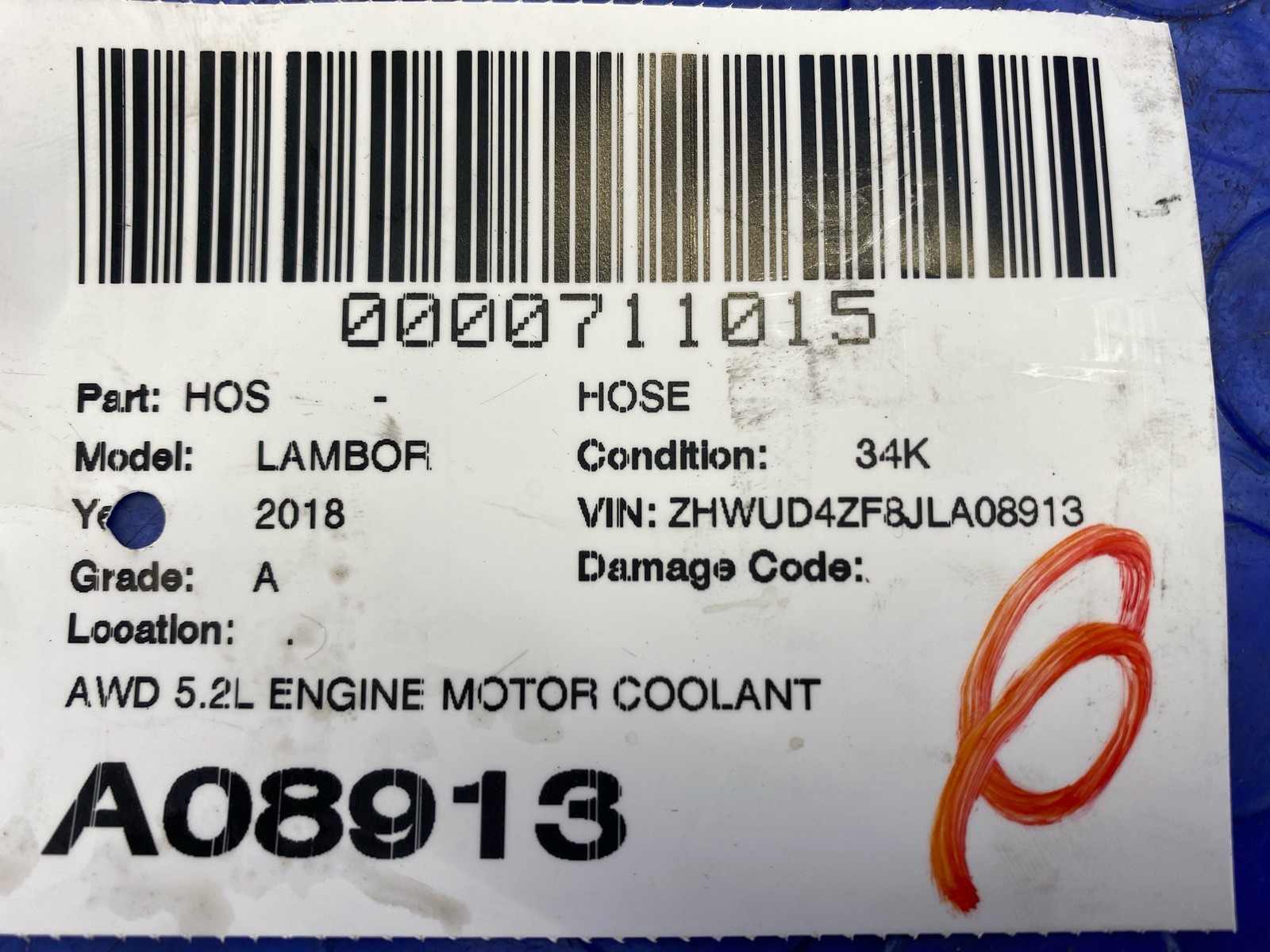 LAMBORGHINI HURACAN LP640-4 PERFORMANTE AWD 5.2L ENGINE MOTOR COOLANT HOSE PIPE