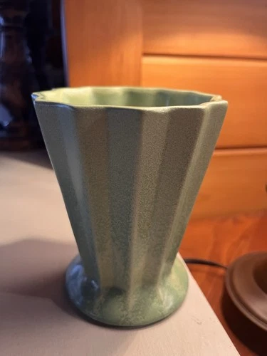Vintage Haegar Pottery Ribbed Matte Green Ceramic Vase