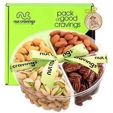 Elegant Thanksgiving Mixed Nuts Gift Basket - 4 Assortments with Green Ribbon