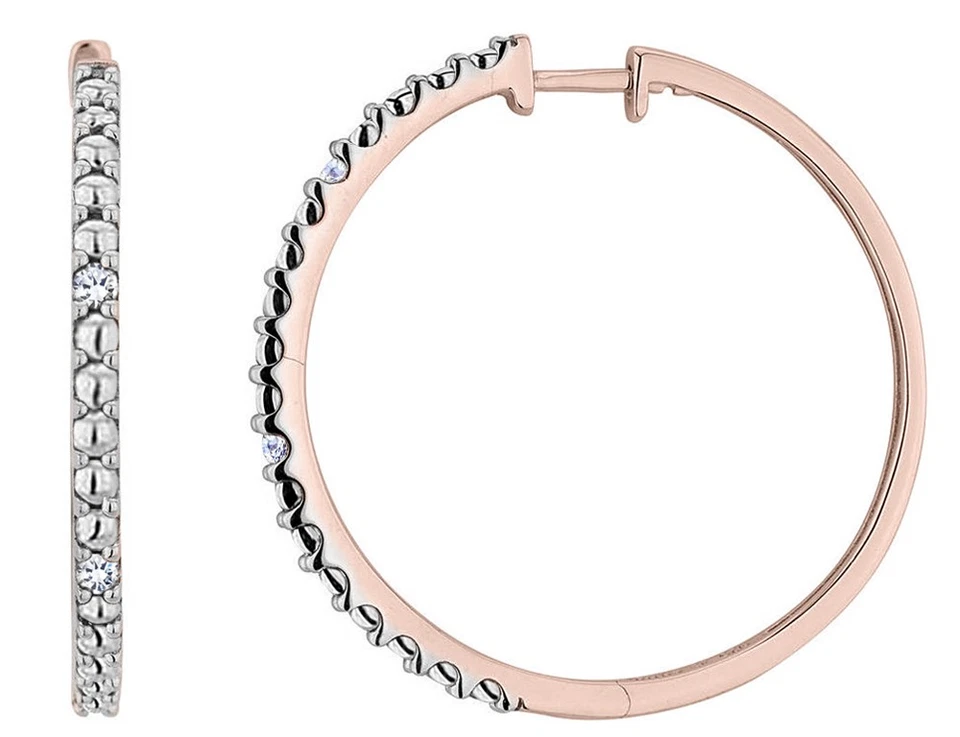 Diamond 1 Inch Hoop Earrings in Sterling Silver with Rose Pink Gold Plating