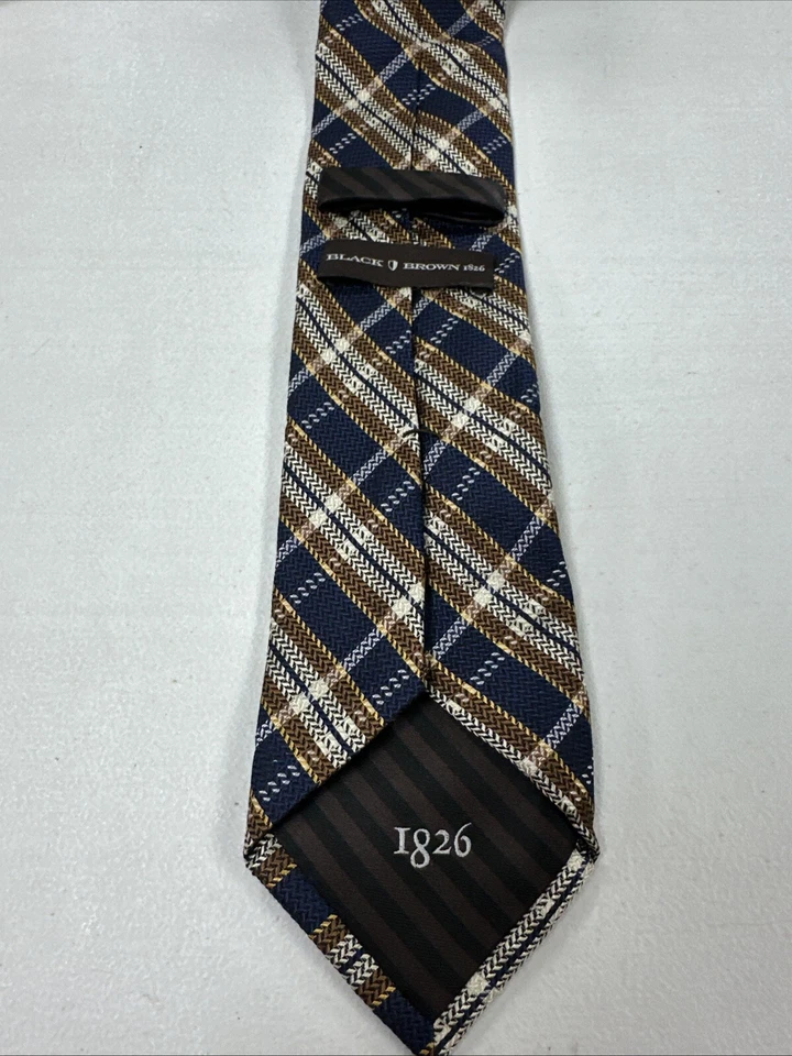 Black Brown 1826 Men's Navy Blue Dark Brown Plaid Pattern Silk Tie $138 - Image 4 of 4