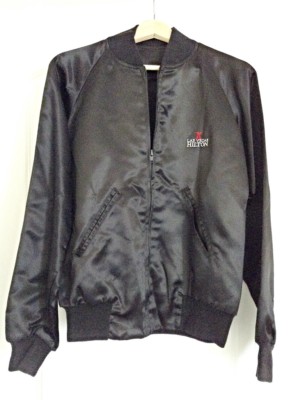 Hilton Logo Vintage Black Satin Zipper Front LS Jacket New w/o Tags Collectible