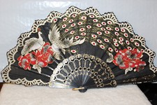 FAN SMALL HAND FAN WITH PEACOCK PEACOCKS FLOWERS FLOWER BLACK A2
