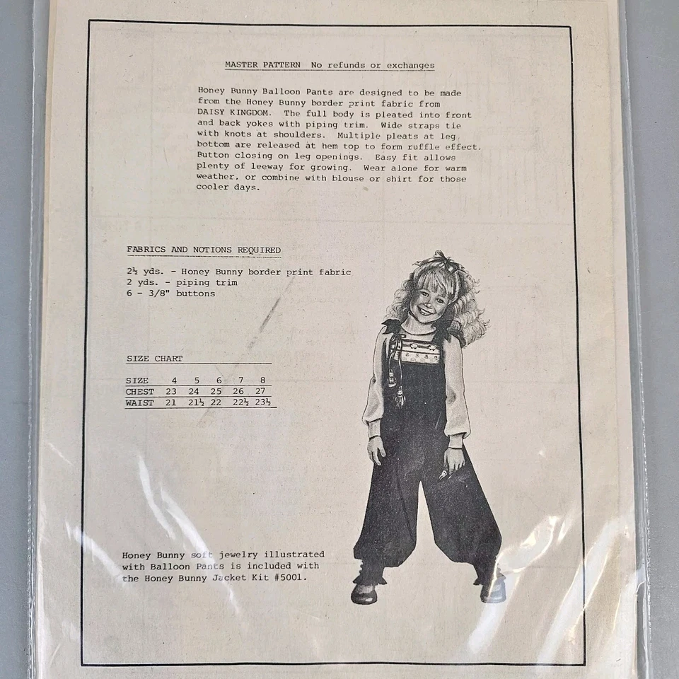 Honey Bunny Daisy Kingdom Pattern 5010 Girls Balloon Pants Overalls Sz 4 - 8 New - Image 2 of 2