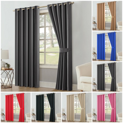 Thick Thermal Blackout Curtains Ready Made Eyelet Ring Top Pair Panel +Tie Backs - Picture 13 of 81