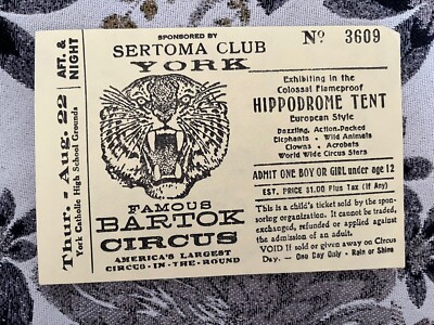 Vintage American Bartok Circus Sertoma Club York USA Ticket Rabatt Gutschein