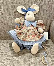 Vintage Handmade Stuffed Animal White MOUSE Wearing Floral/Striped Dress Signed