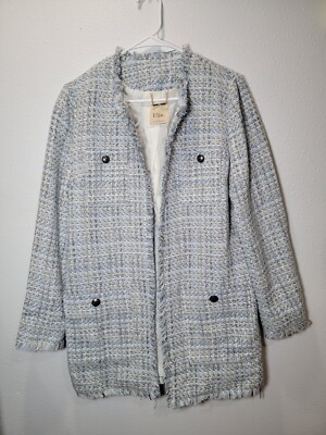 NWT Elie Tahari Tweed Open Front Fringe Long Blazer Jacket Cotton Sz Medium