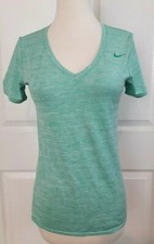 women's Nike v neck top t shirt small athletic cut green striped casual Dri-Fit