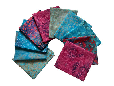 Batik Fat Quarter Bundle, 10er Pack FQs, 100% Baumwolle, blau, rosa, grau