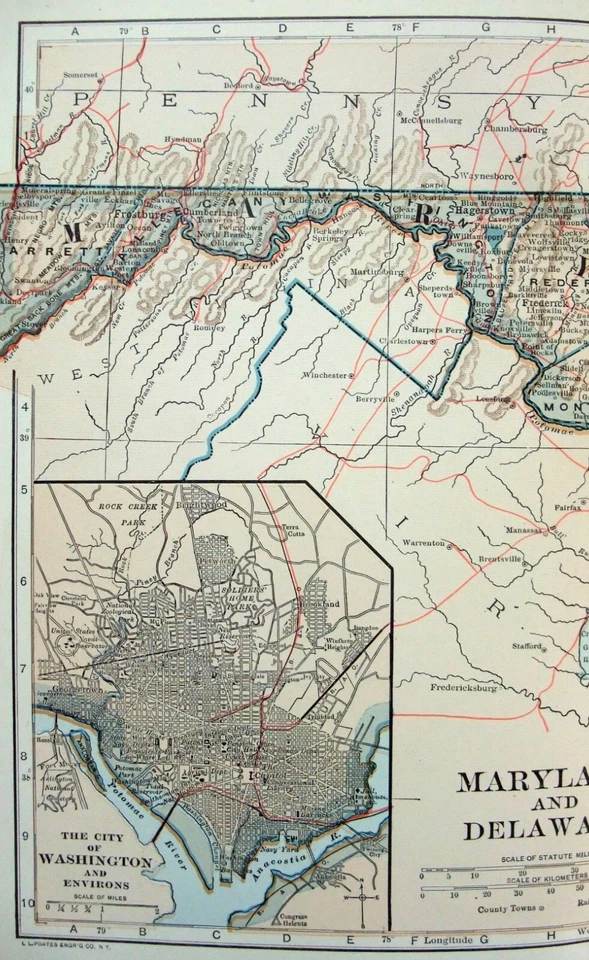 Maryland y Delaware - Mapa original con fecha de 1907 por Dodd Mead & Company. Antiguo Foto 2 de 3