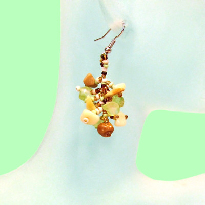 1 1/2'' Drop Style Green Gold Color Stone Chip Handmade Dangle Seed Bead Earring