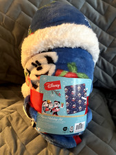 DISNEY 2 PIECE HOLIDAY SET BLUE TRAVEL BLANKET  HOLIDAY HAT - NEW