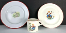 3  Children NURSERY RHYMES Pcs-Red Trim TIN PLATE SWEDEN & 2Pc GERMANY PLATE SET