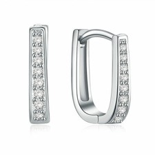 Women 925 Sterling Silver CZ Pave U Shape Hoop Earrings Gift Box PE41