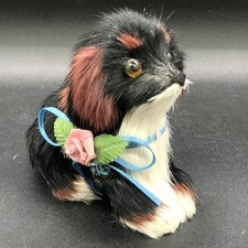 Vtg Puppy Dog Realistic Soft Real Fur Figurine Black Brown White Rosebud Ribbon