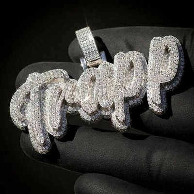 Men's 3.00Ct Real Moissanite Pave Custom Name Pendant 14K White Gold Plated