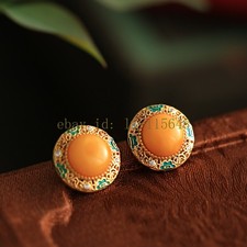 Natural Amber Enamel Earrings for Women Gift Chinese Style Vintage Earstud 