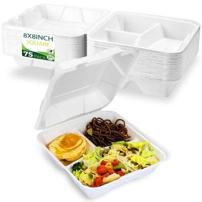 75 Pack 8x8 3 Compartment Food Container Clamshell Take Out Containers With Li