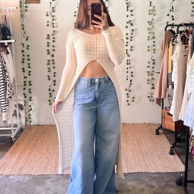 Cream knit long sleeve boho maxi sweater with exposed seam detailing size M
