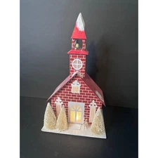 Large 15" Ebenezer & Co. Lighted Church Christmas Paper House Red Brick Deer