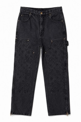 Louis Vuitton Monogram Denim Jeans Schwarz Schreinerhose LV Logo Patchwork