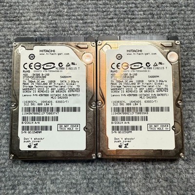 Lot (2) Hitachi HTS545016B9A300, 5K500 B-160 160GB Laptop Hard Drive