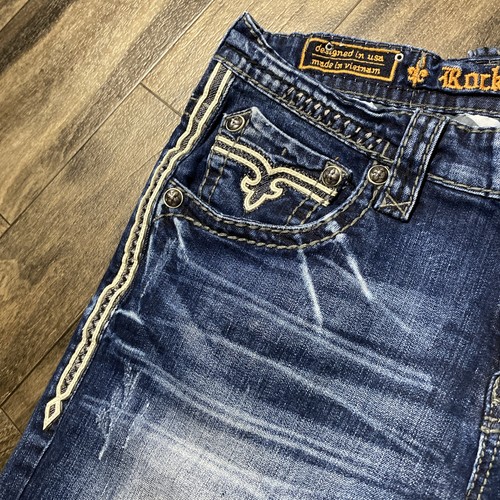 Rock Revival Jeans Men's 36x31 Blue Owen Slim Boot Stretch Thick Stitch/Leather - Picture 11 of 22