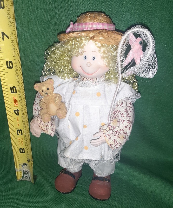 Girl Figurine With Teddy Bear And Dragonfly Net Cottage Core
