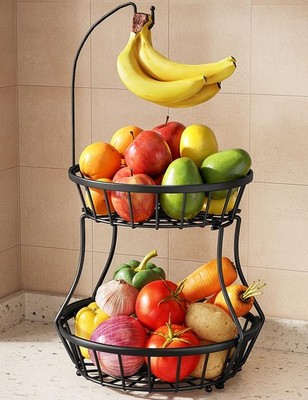 2-Tier Fruit Basket Bowl Stackable Vegetable Storage with Banana Tree Hanger ...