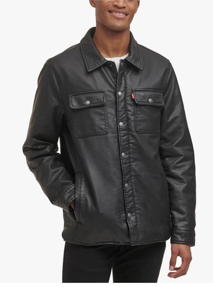 Levi's Men's Buffed Cow Faux Leather Hooded Trucker Jacket - Color Black -Size M