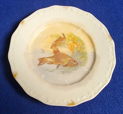 Ancien 1920s Lrl Limoges France Poisson Peint à la Main & Fleurs 8 " Salade - Photo 1/4