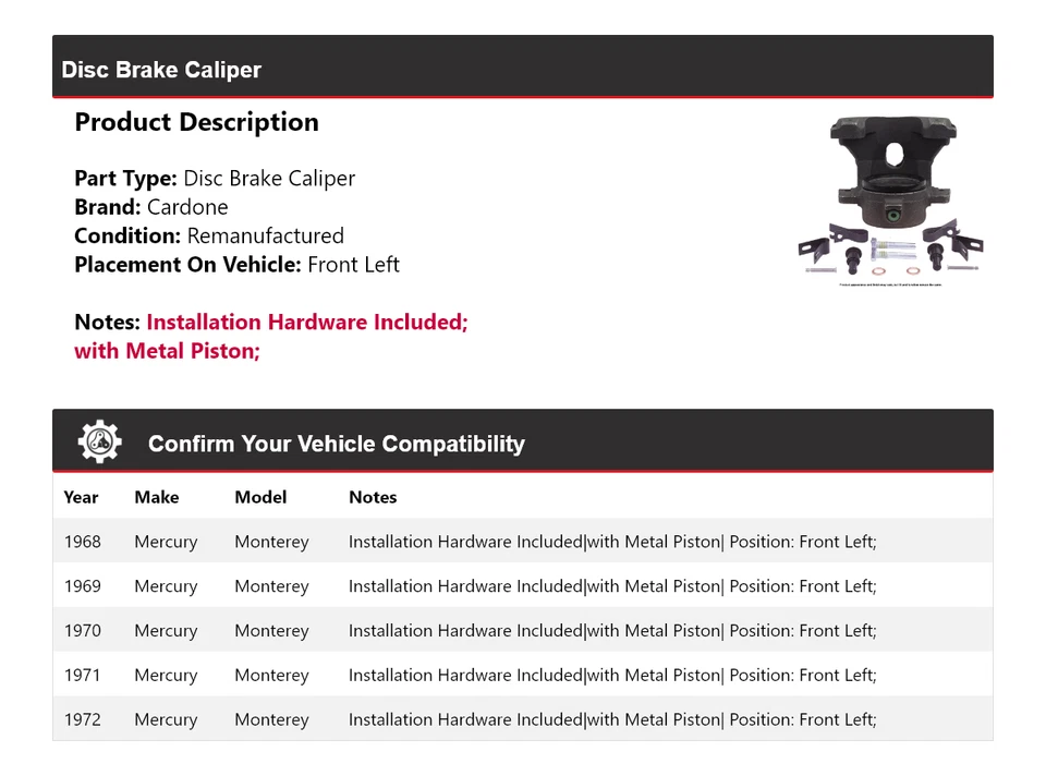 Pinza de freno de disco delantera izquierda Cardone 1969 1970 para Mercury Monterey 1968-1972 Foto 2 de 4