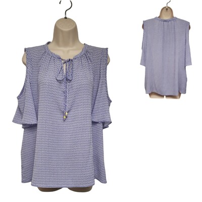 Michael Kors Cold Shoulder Short Sleeve Front Tie Blue/White Floral Sheer Top XL