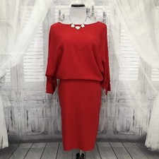 Tiana B Medium Red Boat Neck Sleeve Peals Pullover Sweater Dress Knee Length B19