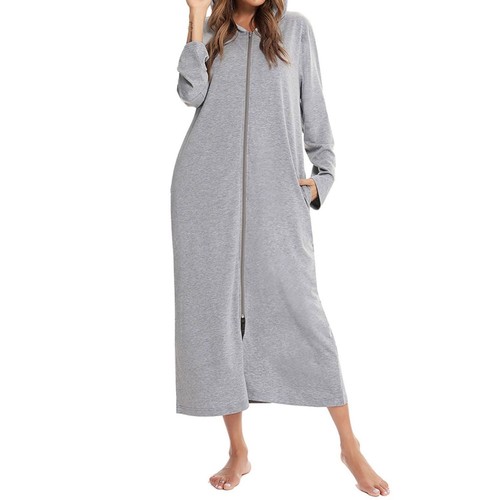 Women's Long Sleeve Hooded Robe Zip Up Bathrobe Full Length Pockets Housecoat - Picture 25 of 32