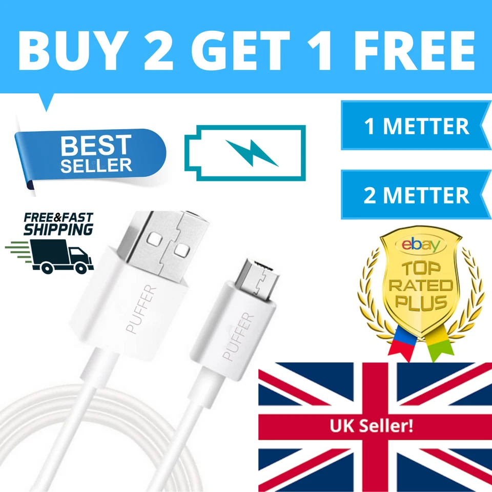 Long A Male to MICRO B USB 2.0 Charger Cable Lead XBOX ONE PS4 Controller 1M 2m - Image 2 of 4