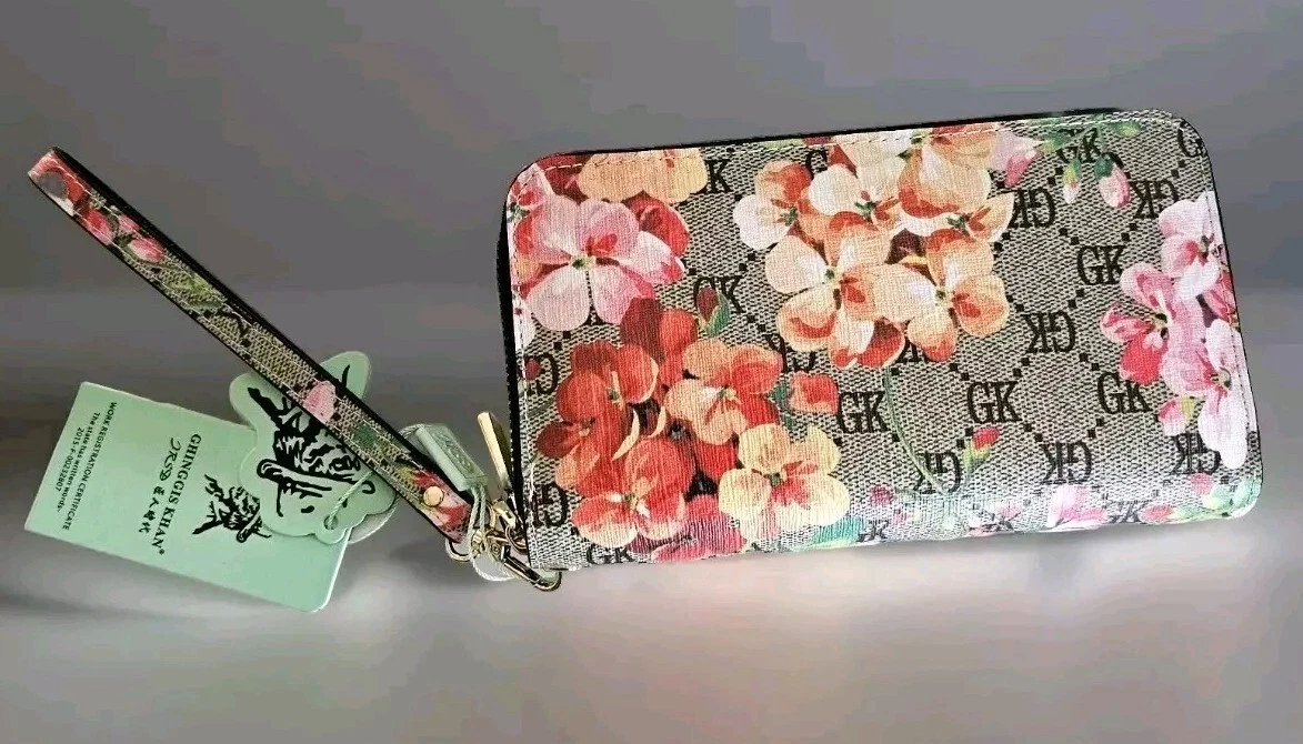 Portefeuille de luxe Blooms GK Supreme en toile enduite de PVC double fermeture éclair autour du poignet 