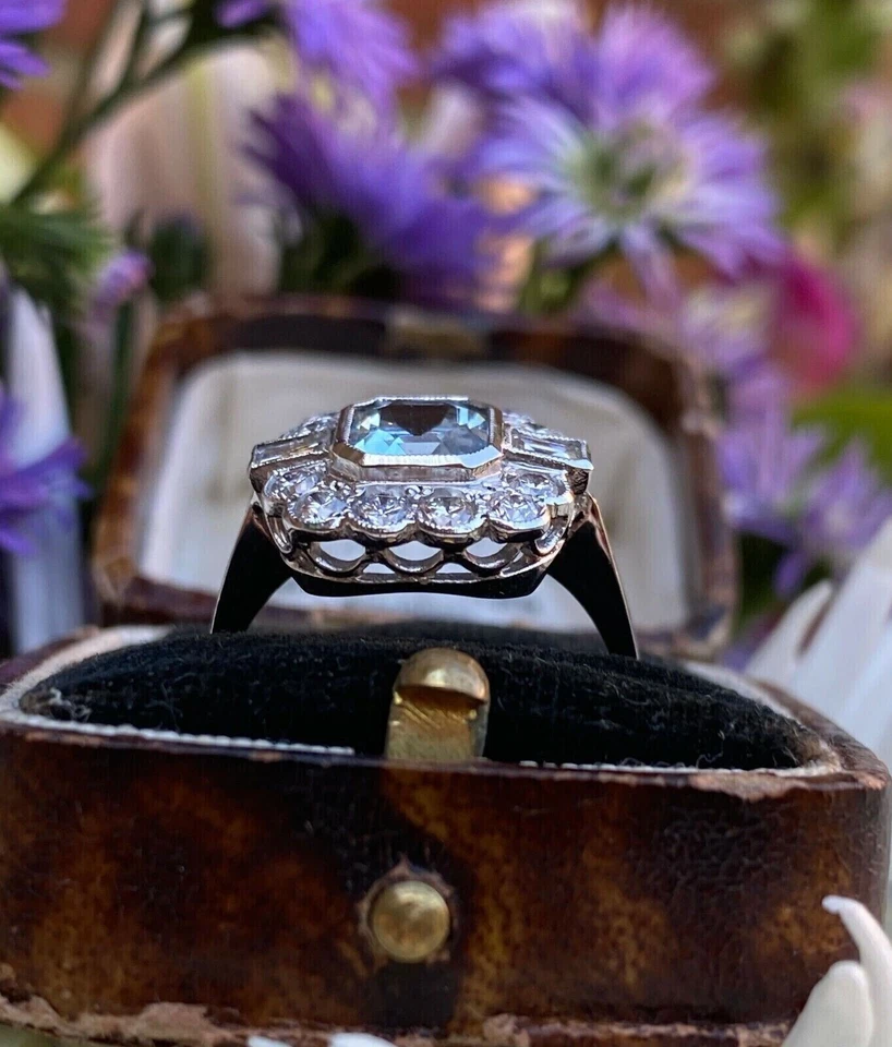 Compromiso de diamantes creados en laboratorio de aguamarina estilo Art Deco de 3 quilates oro blanco de 14 quilates bien estado Foto 3 de 4