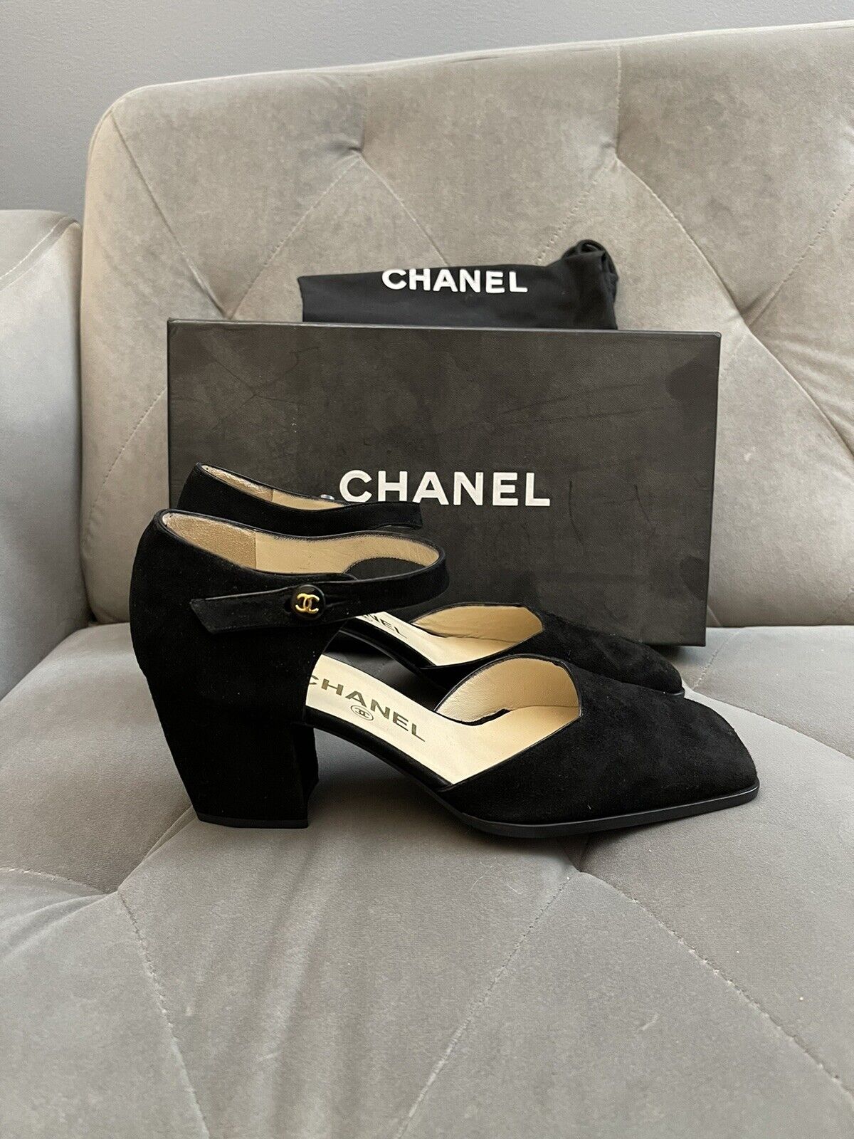 Chanel Classic Black Suede Square Toe Pumps Heel Shoes Size 36 New Kept  Unused | eBay