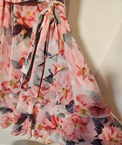 Tahari ASL Sleeveless Peach Pink Floral Chiffon Tie Waist Tiered Dress Easter 4 - Bild 8 von 12